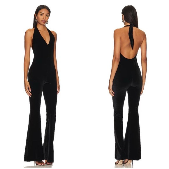 SHOW ME YOUR MUMU Studio Halter Jumpsuit In Black Velvet - Picture 1 of 9